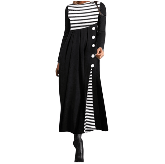 Gestreiftes Langärmeliges Patchwork-Kleid Für Damen