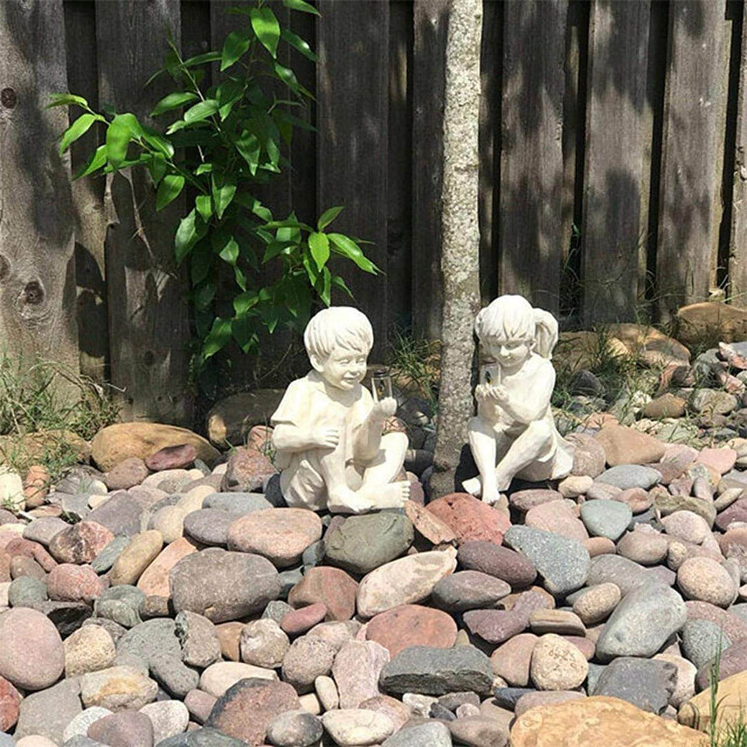 Kinder Mit Solar-Glühwürmchen Gartenstatuen