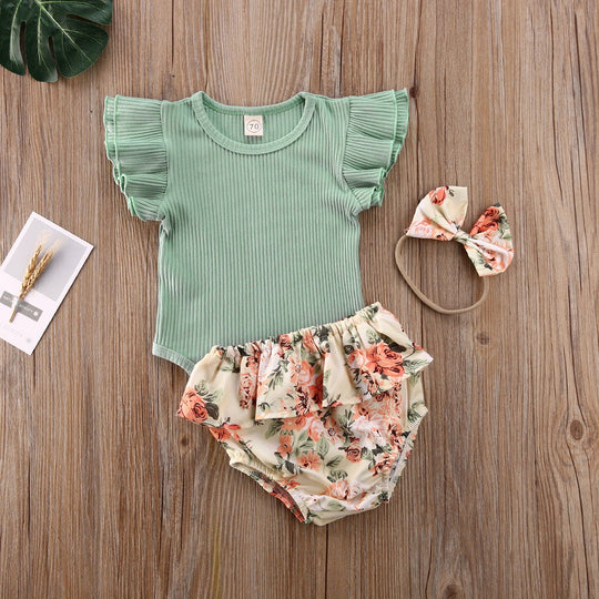 Ruffled Geripptes Floral Shorts Set