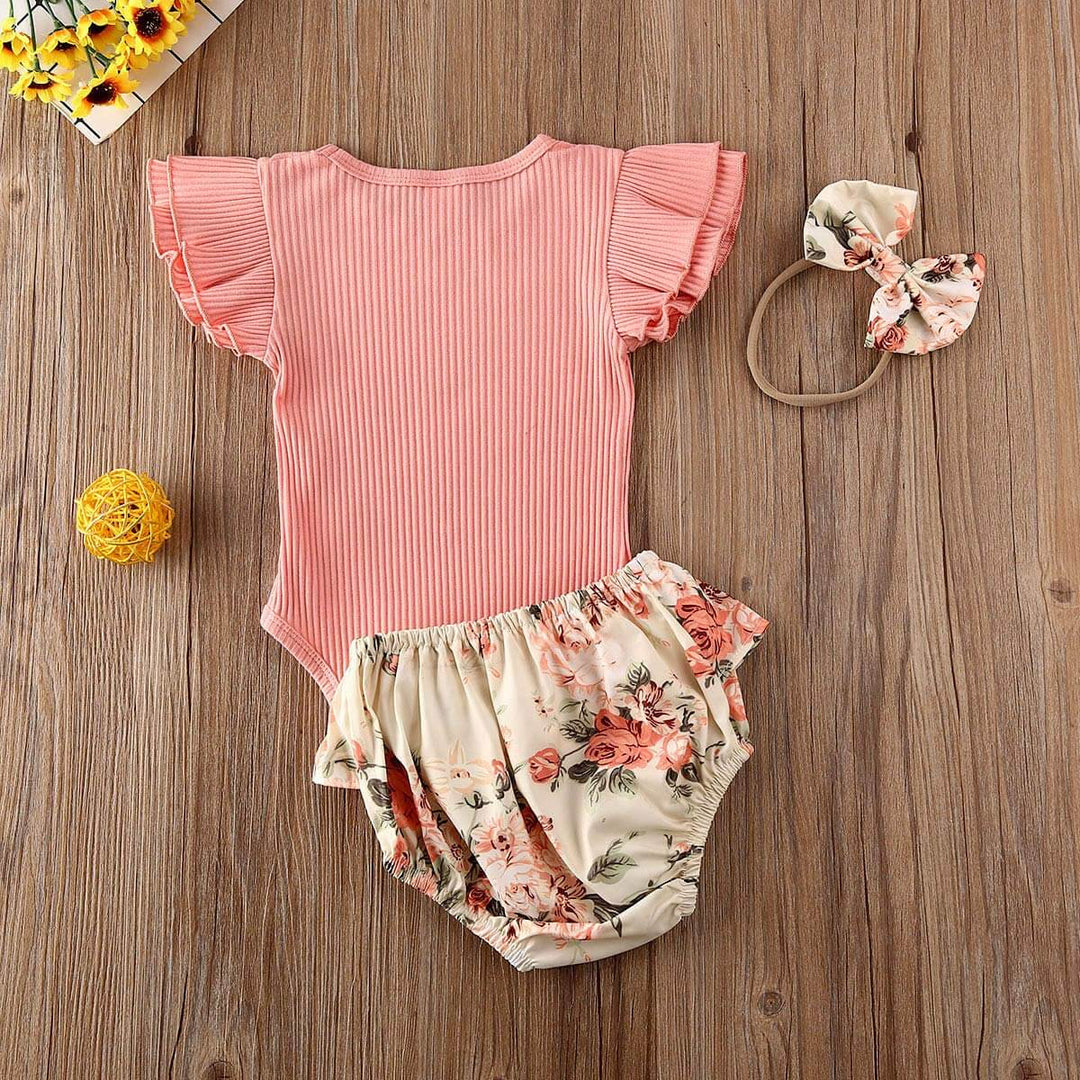 Ruffled Geripptes Floral Shorts Set