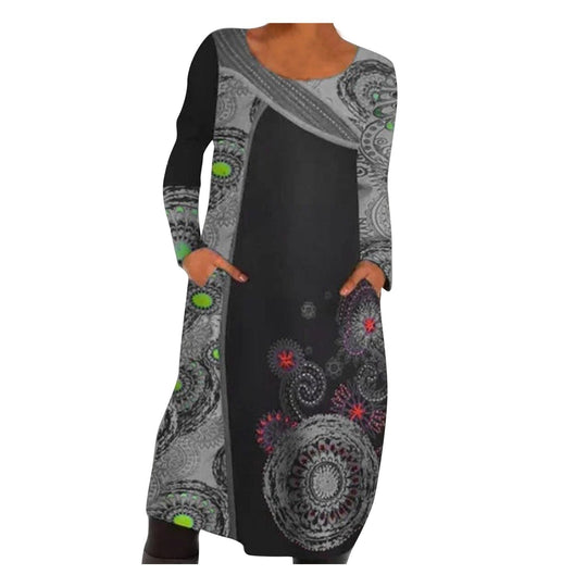 Vintage Print Pullover Kleid Mit Taschen