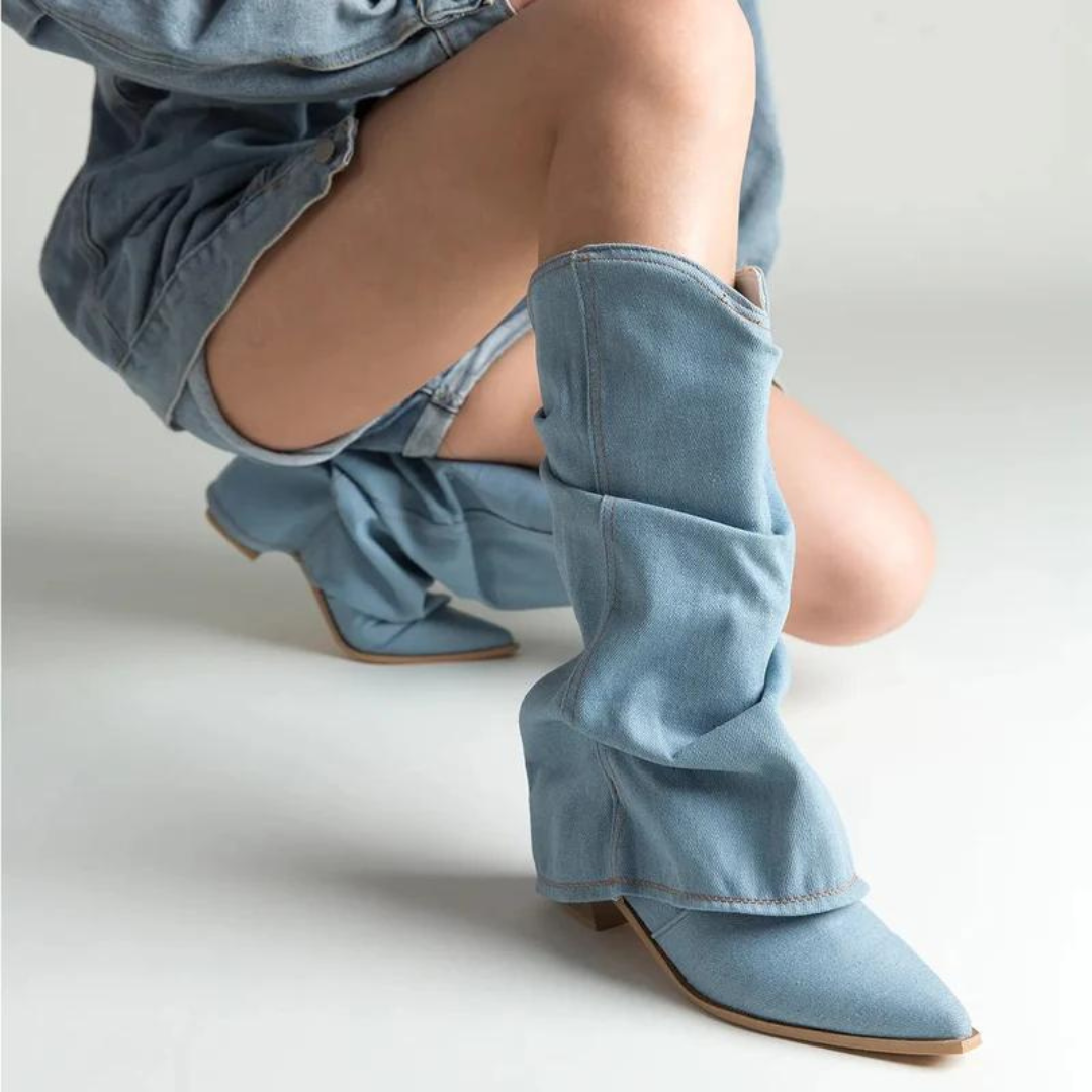 Denimlaarzen voor dames met blokhakken