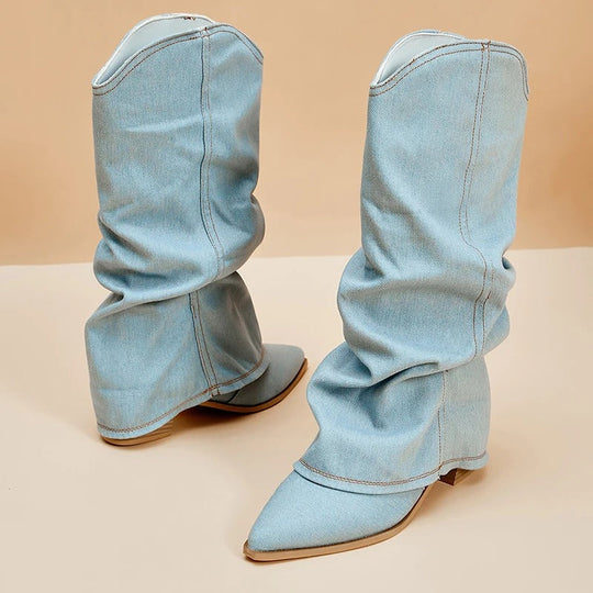 Denimlaarzen voor dames met blokhakken