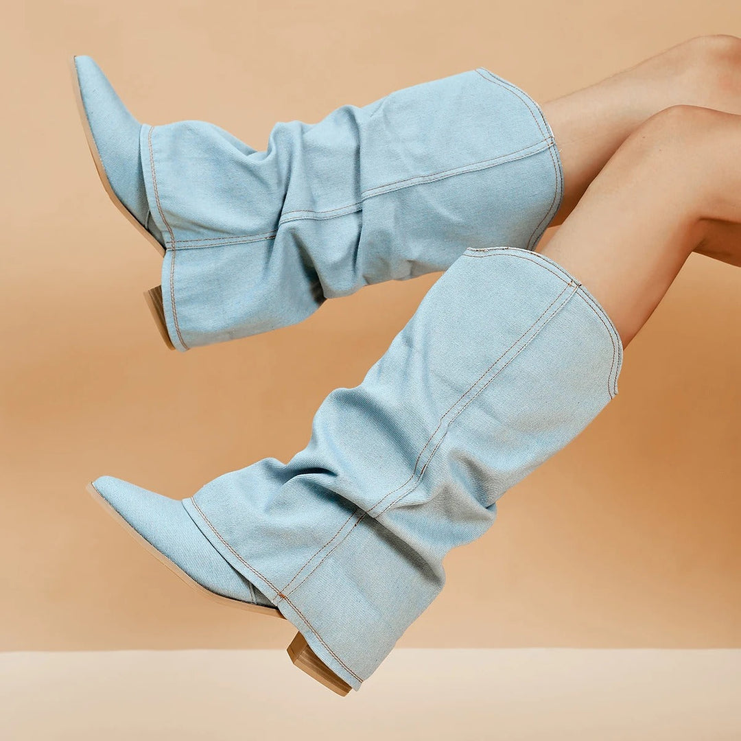 Denimlaarzen voor dames met blokhakken