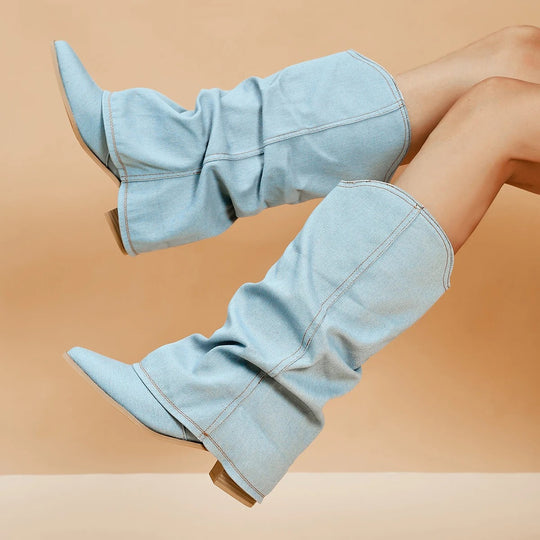 Denimlaarzen voor dames met blokhakken